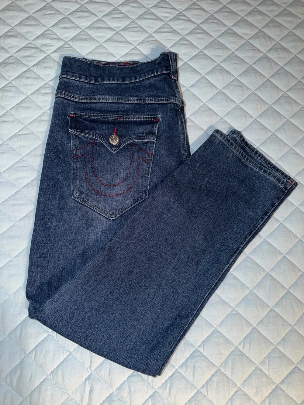 True Religion Men Slim Straight Dark Indigo Jeans with Faded Whiskering 36X32
